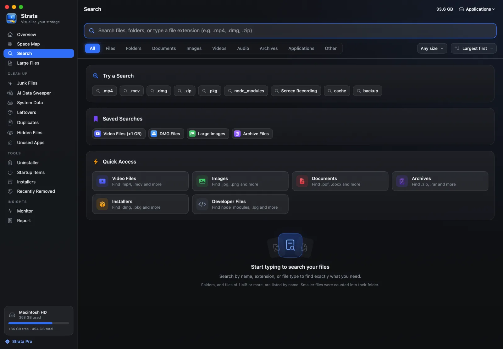 Search with kinds of file as tabs, a size floor, suggested and saved searches, and one-click searches for videos, images, documents, archives, installers and developer files