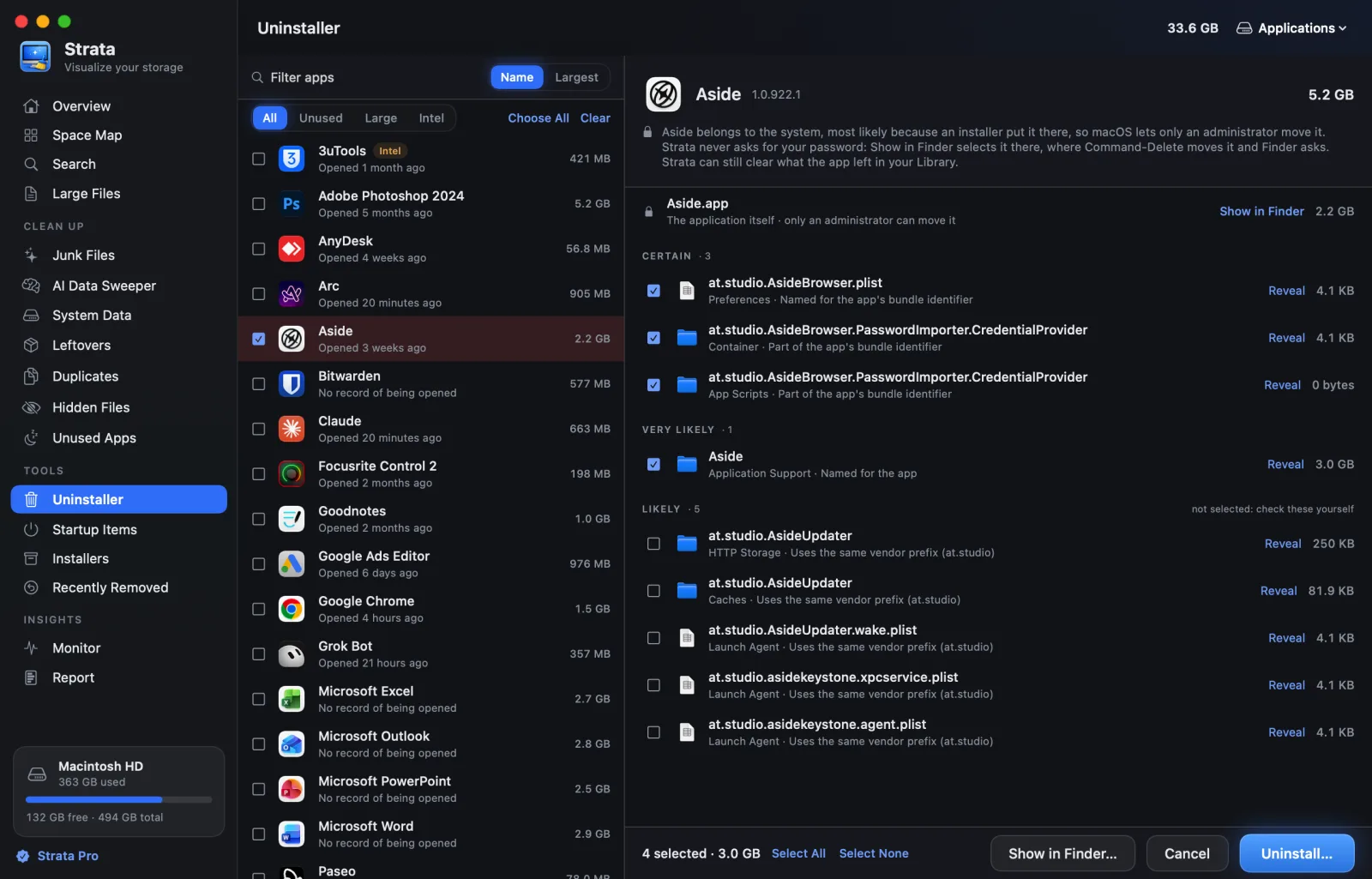 The Uninstaller with an app chosen: the app and its leftovers across the Library, each rated, with their sizes and an Uninstall button