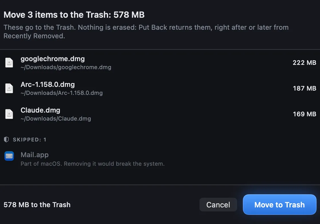 The confirmation before anything moves: three installers to go to the Trash, and Mail refused because it belongs to macOS